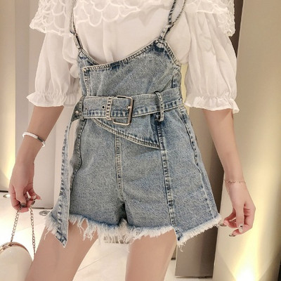 Salopeta de dama din denim cu bretele subtiri si curea