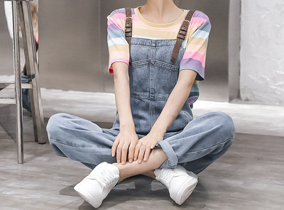 Set de dama doua modele-salopeta cu bretele si bluza multicolora cu maneca scurta si lunga