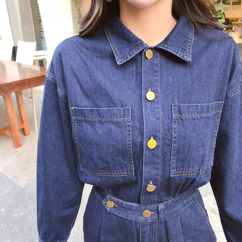 Salopetă lungă de damă din denim în albastru