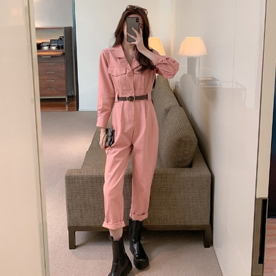 Salopeta lunga de dama roz cu centura si maneci lungi