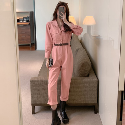 Salopeta lunga de dama roz cu centura si maneci lungi