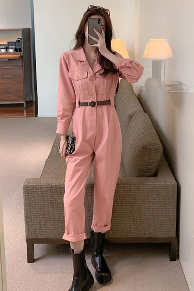 Salopeta lunga de dama roz cu centura si maneci lungi