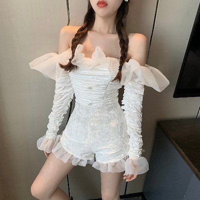 Salopeta de dama din catifea si tul de culoare alba