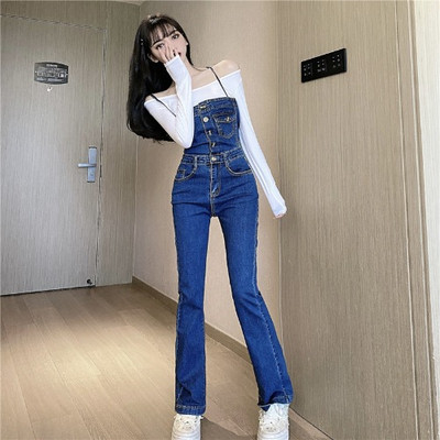 Salopeta de dama din denim cu bretele subtiri in albastru