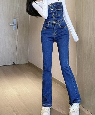 Salopeta de dama din denim cu bretele subtiri in albastru