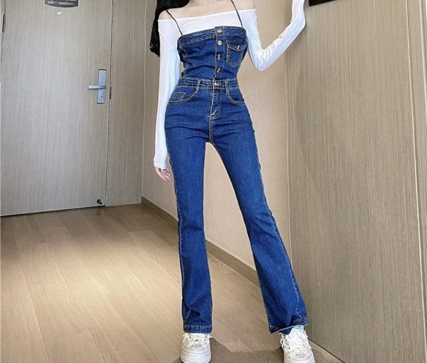 Salopeta de dama din denim cu bretele subtiri in albastru