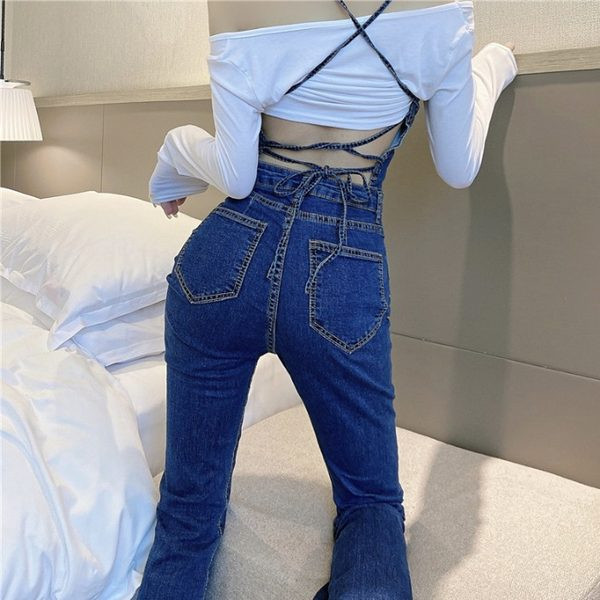 Salopeta de dama din denim cu bretele subtiri in albastru