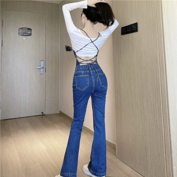 Salopeta de dama din denim cu bretele subtiri in albastru