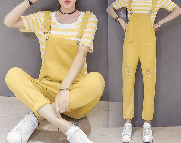 Salopeta de dama cu bretele si model rupt in roz si galben