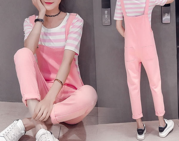 Salopeta de dama cu bretele si model rupt in roz si galben