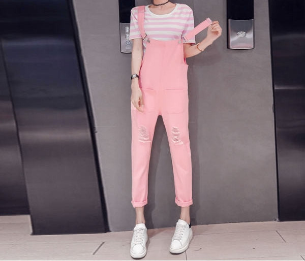 Salopeta de dama cu bretele si model rupt in roz si galben