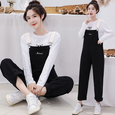 Salopeta de dama din denim cu bretele in negru si bej