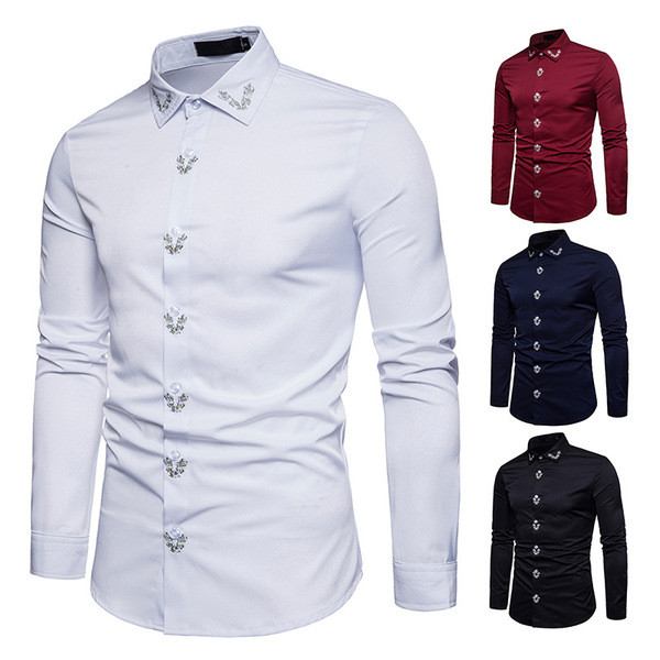 Cămașă bărbătească elegantă model uni cu broderie