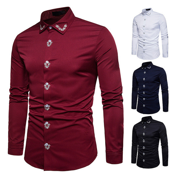 Cămașă bărbătească elegantă model uni cu broderie