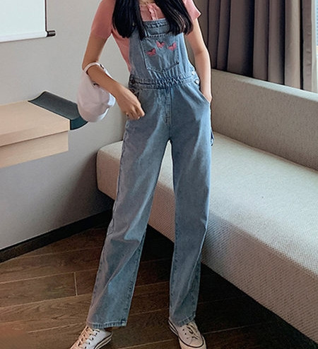 Salopeta lunga de dama cu broderie si buzunare