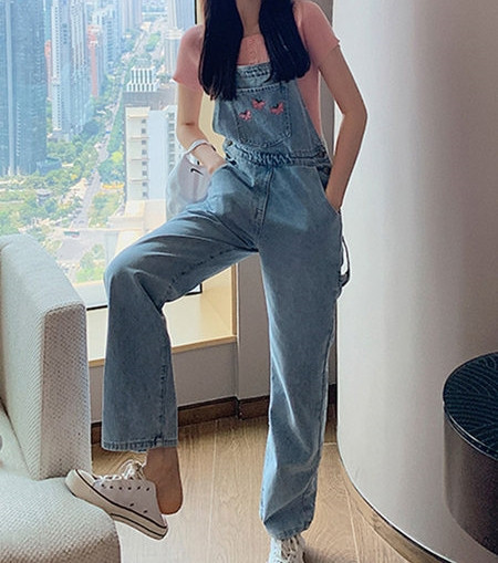 Salopeta lunga de dama cu broderie si buzunare