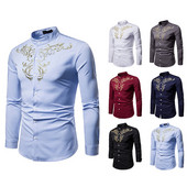 Cămașă modernă pentru bărbați, model mulat, cu broderie și mâneci lungi