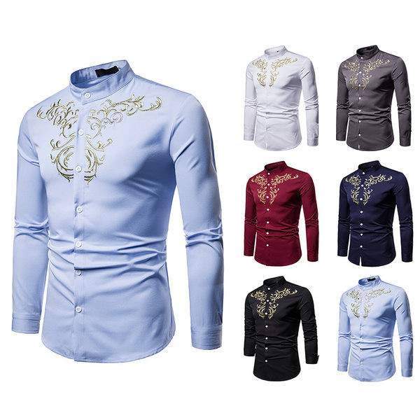Cămașă modernă pentru bărbați, model mulat, cu broderie și mâneci lungi