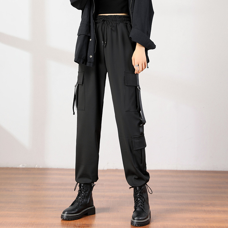 Дамски ежедневен панталон с връзки и ластична талия в черен цвят 