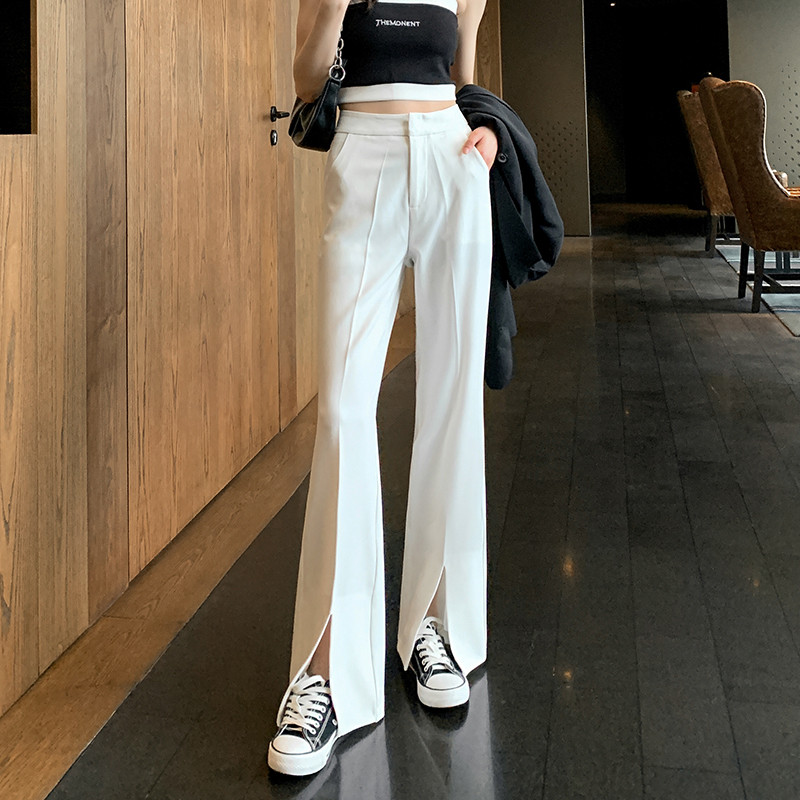 Дамски модерен панталон с цепки и висока талия 