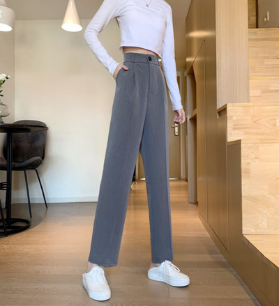 Pantaloni de dama actuali cu nasture si talie inalta