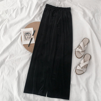 Pantaloni casual de dama din catifea cu cravate si talie elastica