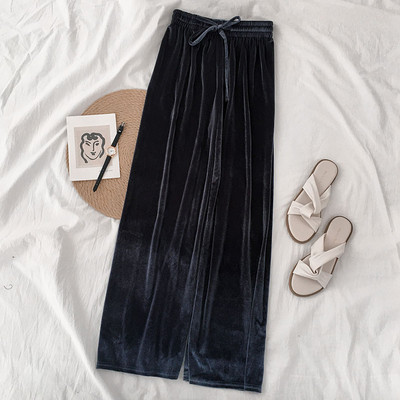 Pantaloni casual de dama din catifea cu cravate si talie elastica