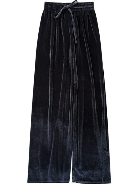 Pantaloni casual de dama din catifea cu cravate si talie elastica