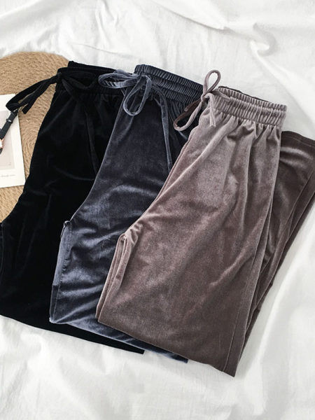 Pantaloni casual de dama din catifea cu cravate si talie elastica