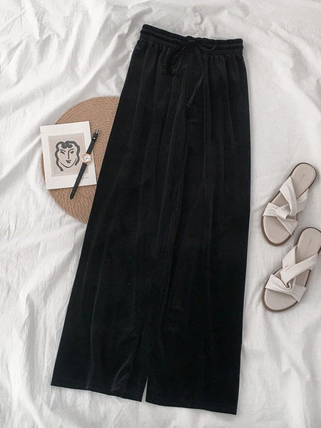 Pantaloni casual de dama din catifea cu cravate si talie elastica