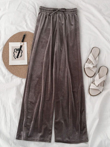 Pantaloni casual de dama din catifea cu cravate si talie elastica