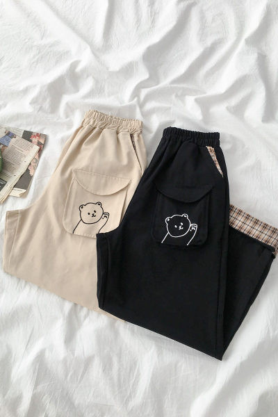 Ženske široke hlače s vezom u bež i crnoj boji