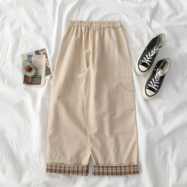 Ženske široke hlače s vezom u bež i crnoj boji