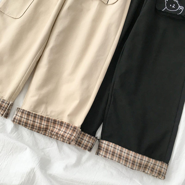 Ženske široke hlače s vezom u bež i crnoj boji