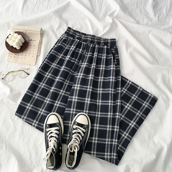 Pantaloni dama in carouri cu talie elastica