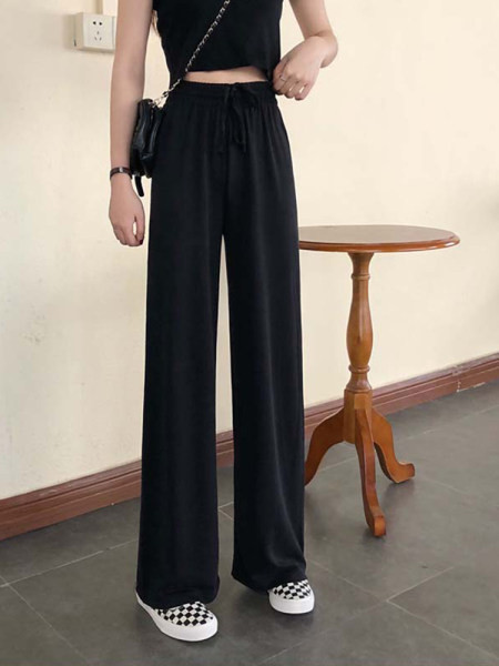 Pantaloni largi de dama cu talie inalta si cravate