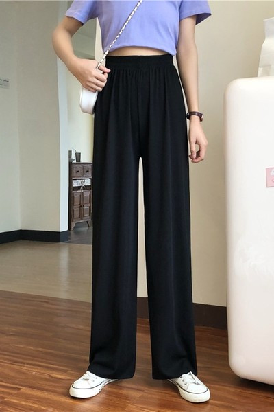 Vienspalvės plačios moteriškos kelnės aukštu juosmeniu