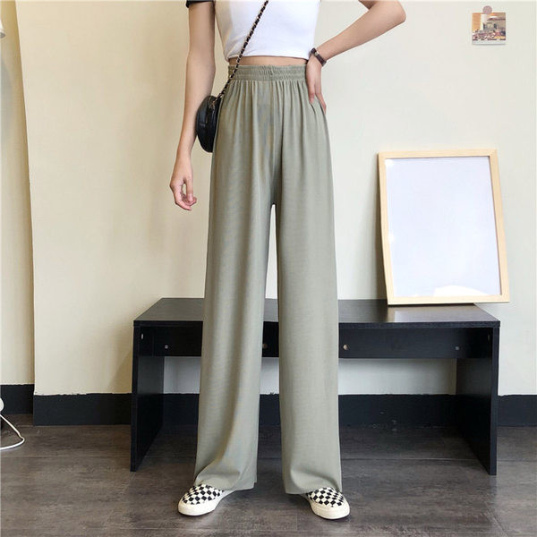 Vienspalvės plačios moteriškos kelnės aukštu juosmeniu