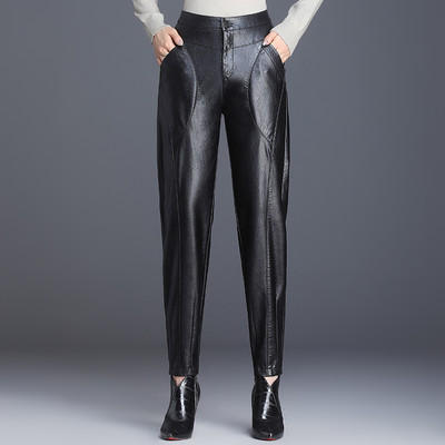 Madingos juodos moteriškos dirbtinės odos kelnės