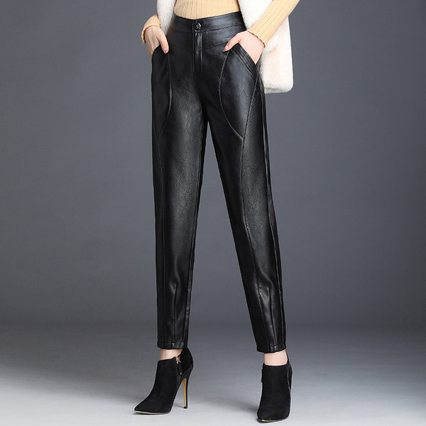 Madingos juodos moteriškos dirbtinės odos kelnės