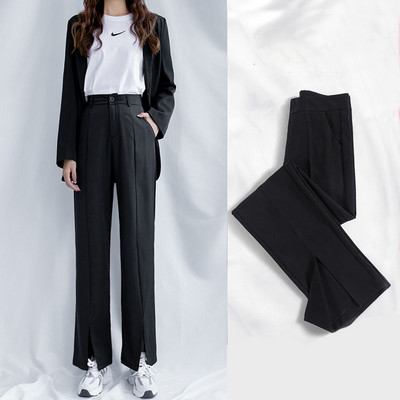 Pantaloni casual de dama cu fante si talie inalta