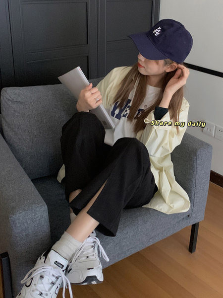 Pantaloni casual de dama cu fante si talie inalta