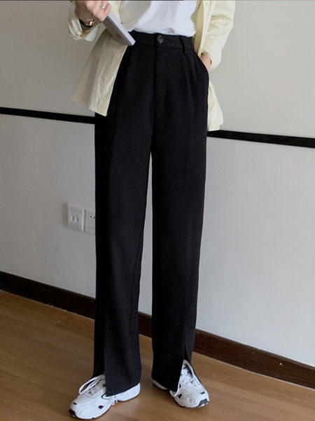 Pantaloni casual de dama cu fante si talie inalta