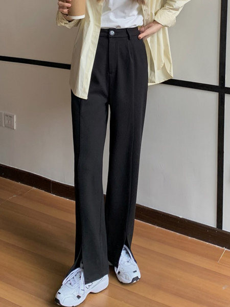 Pantaloni casual de dama cu fante si talie inalta