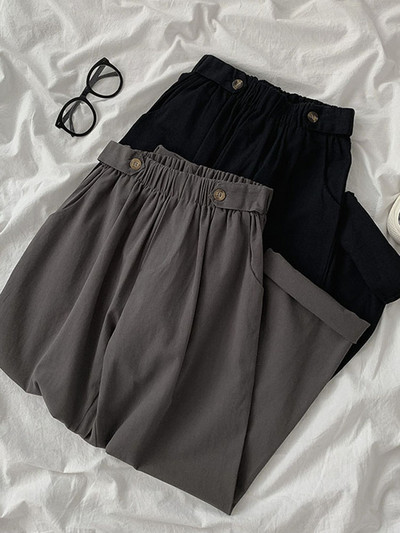 Дамски модерен панталон с ластична талия в сив и син цвят 