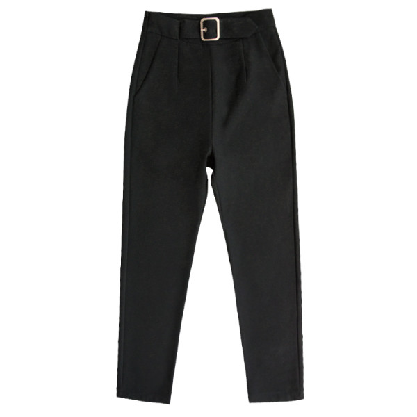 Модерен дамски панталон с колан и джобове -черен цвят