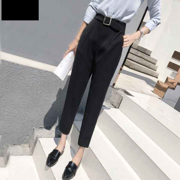 Pantaloni moderni de dama cu centura si buzunare - culoare neagra