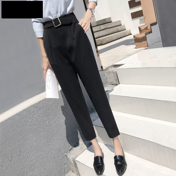 Pantaloni moderni de dama cu centura si buzunare - culoare neagra