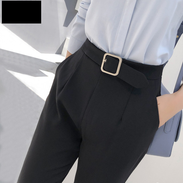 Pantaloni moderni de dama cu centura si buzunare - culoare neagra