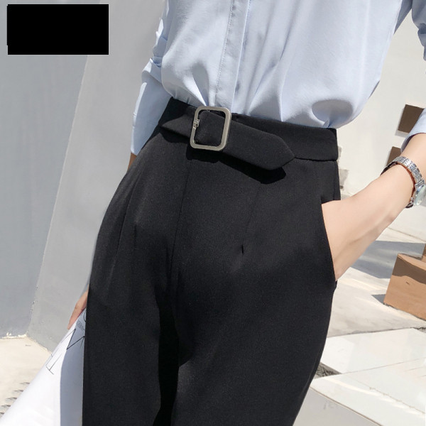 Pantaloni moderni de dama cu centura si buzunare - culoare neagra